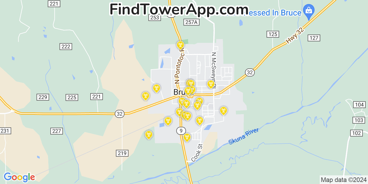 AT&T 4G/5G cell tower coverage map Bruce, Mississippi