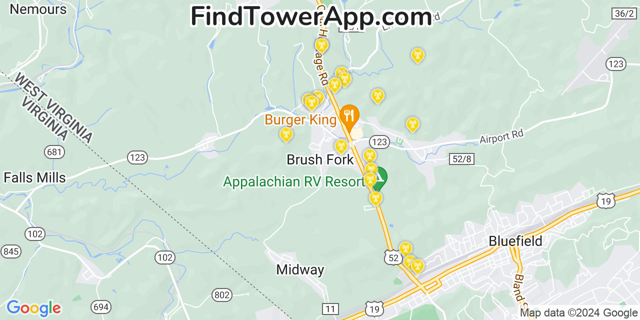 AT&T 4G/5G cell tower coverage map Brush Fork, West Virginia