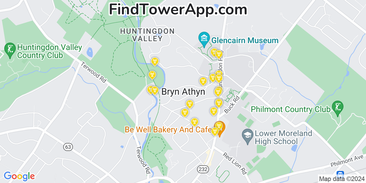AT&T 4G/5G cell tower coverage map Bryn Athyn, Pennsylvania