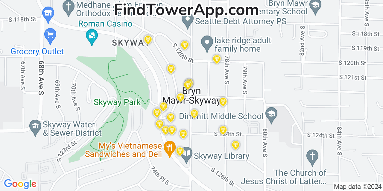 AT&T 4G/5G cell tower coverage map Bryn Mawr Skyway, Washington