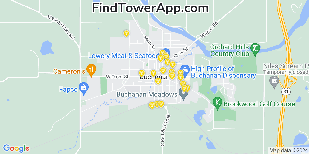 AT&T 4G/5G cell tower coverage map Buchanan, Michigan