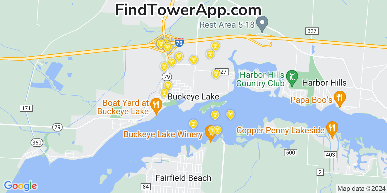 AT&T 4G/5G cell tower coverage map Buckeye Lake, Ohio