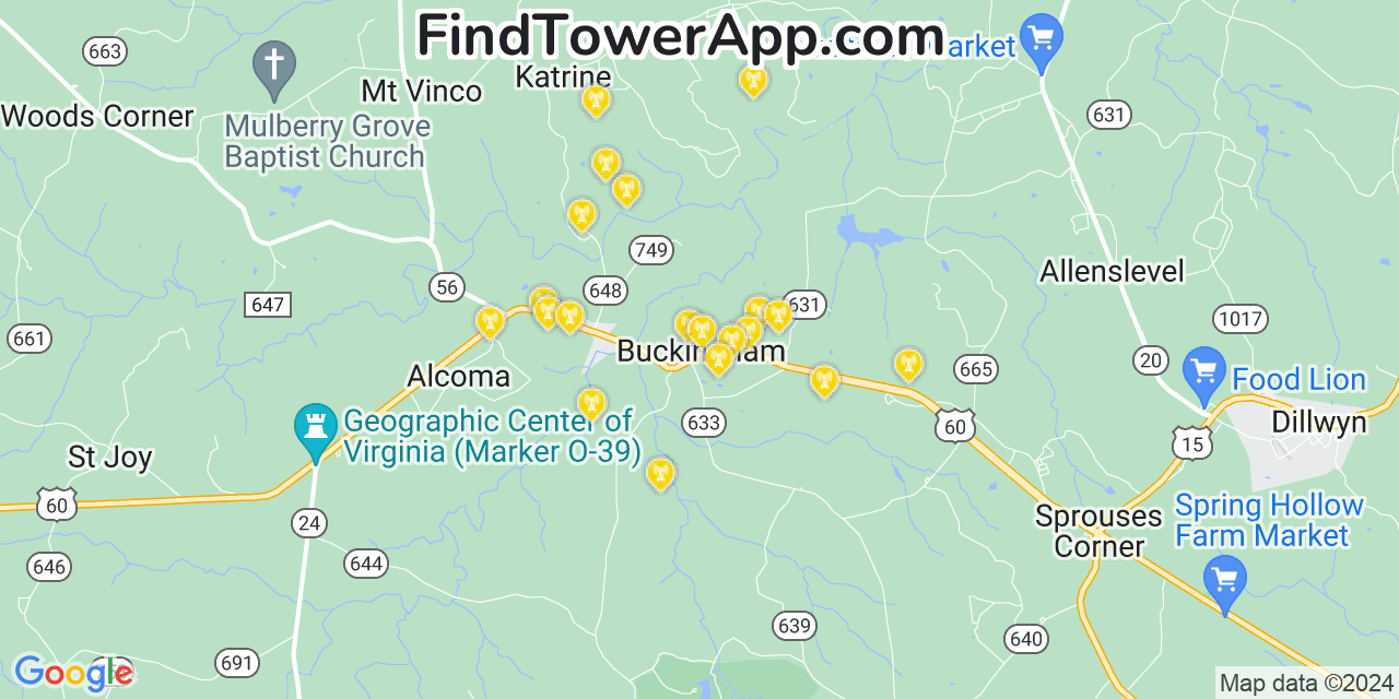 Verizon 4G/5G cell tower coverage map Buckingham, Virginia