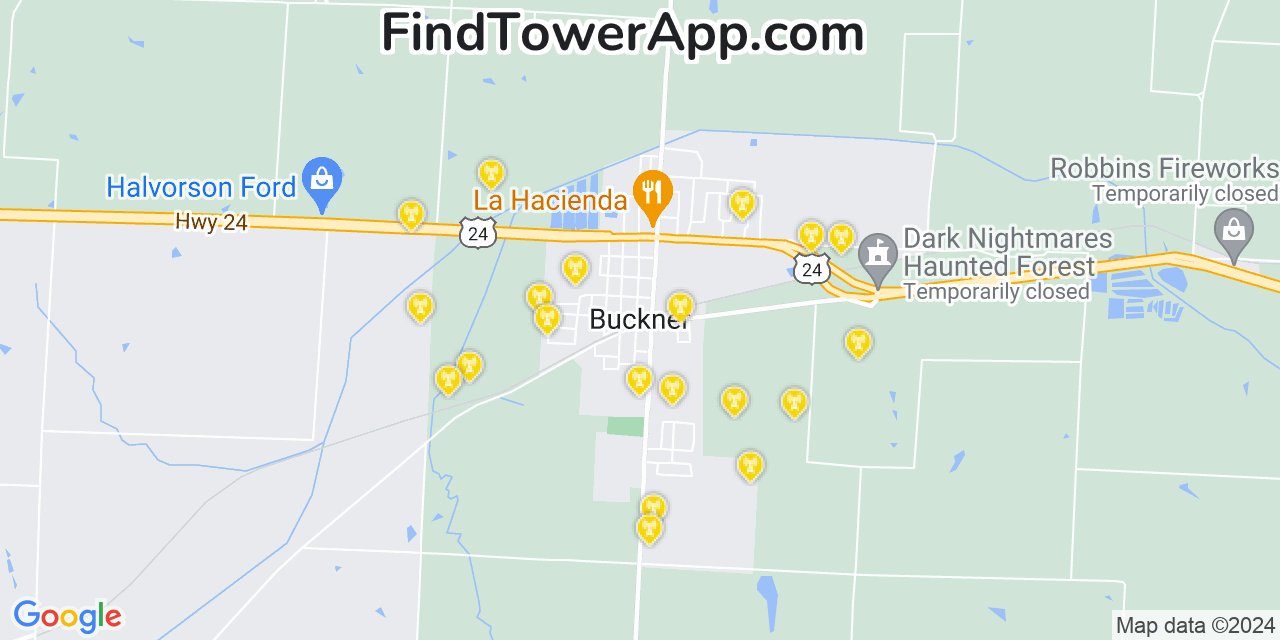 Verizon 4G/5G cell tower coverage map Buckner, Missouri