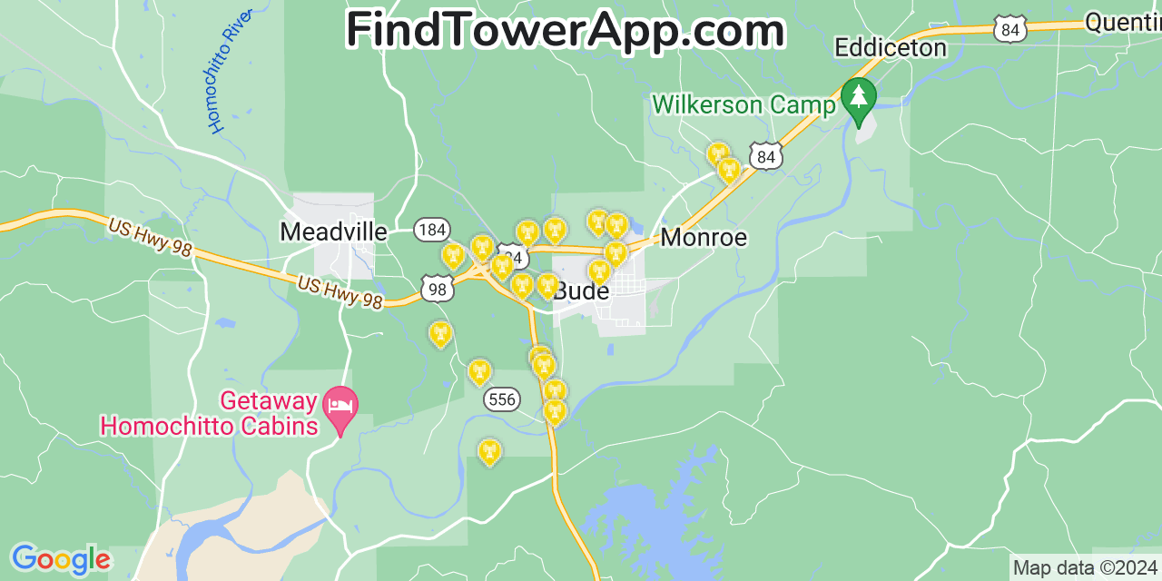 AT&T 4G/5G cell tower coverage map Bude, Mississippi