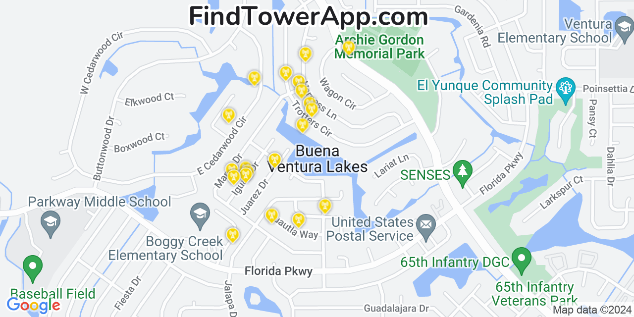 AT&T 4G/5G cell tower coverage map Buenaventura Lakes, Florida