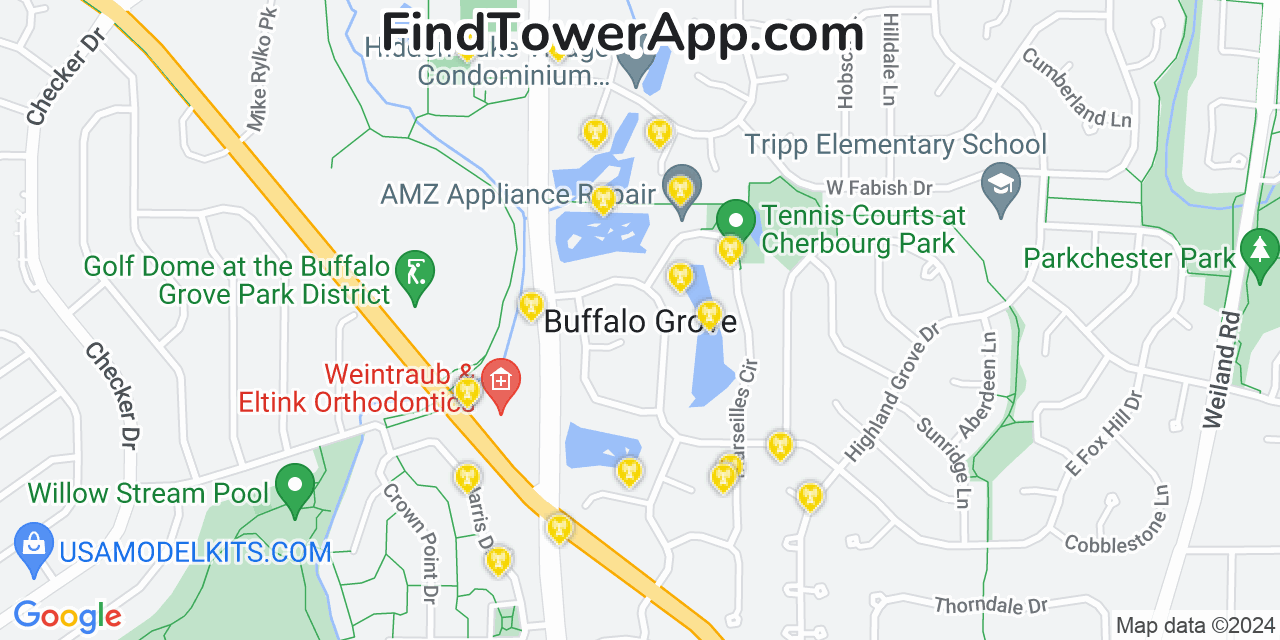 Verizon 4G/5G cell tower coverage map Buffalo Grove, Illinois