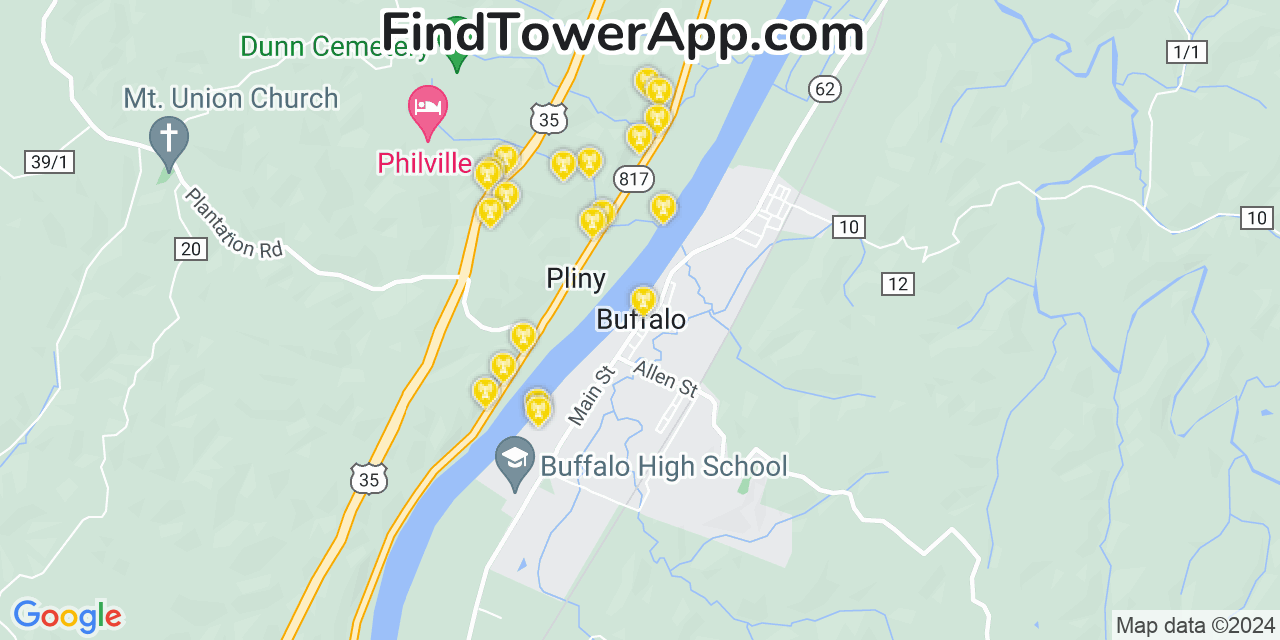 AT&T 4G/5G cell tower coverage map Buffalo, West Virginia