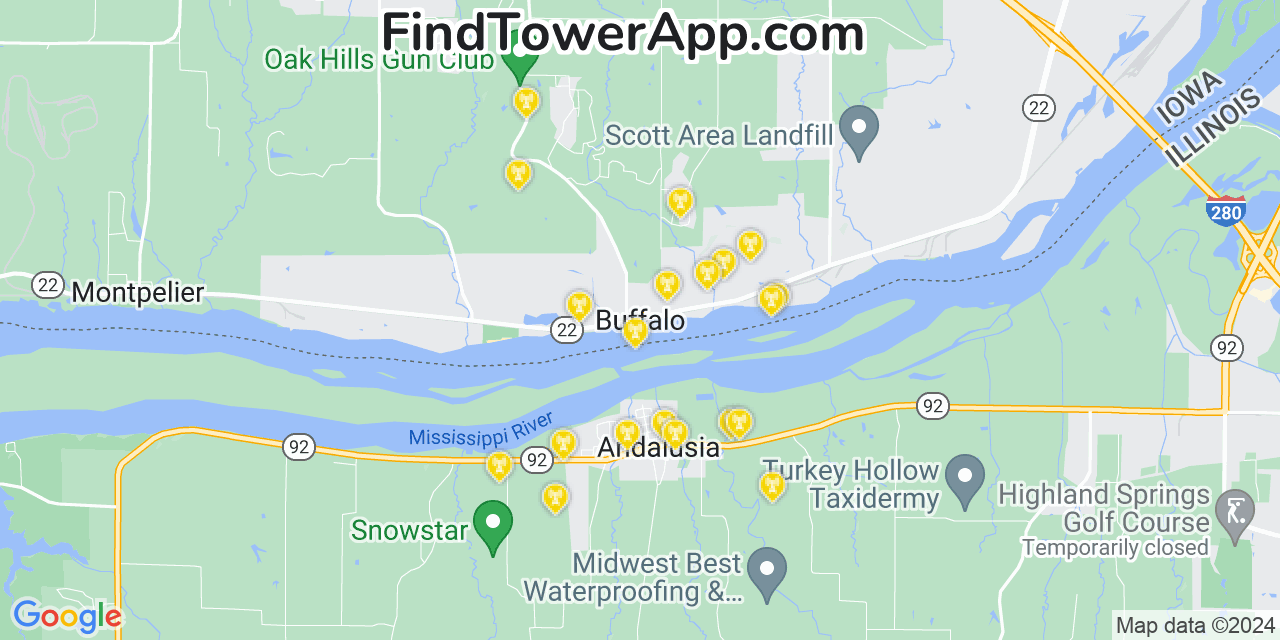 Verizon 4G/5G cell tower coverage map Buffalo (historical), Iowa
