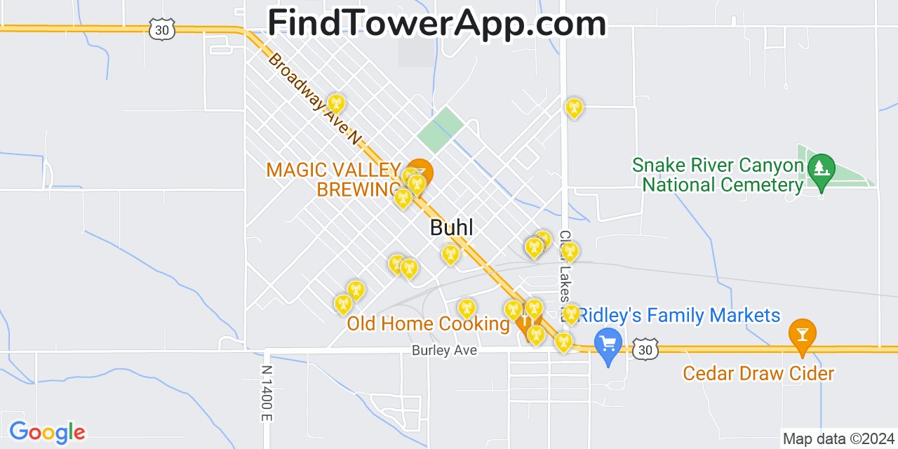 AT&T 4G/5G cell tower coverage map Buhl, Idaho