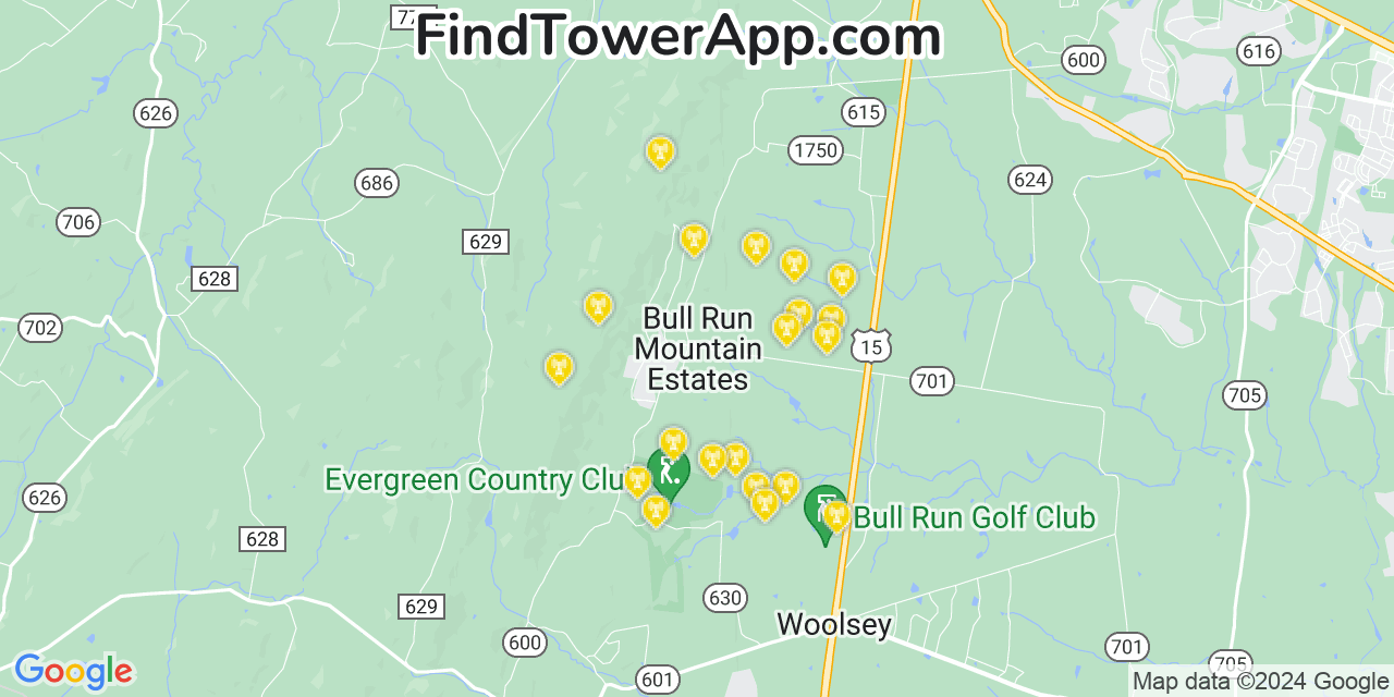 AT&T 4G/5G cell tower coverage map Bull Run Mountain Estates, Virginia