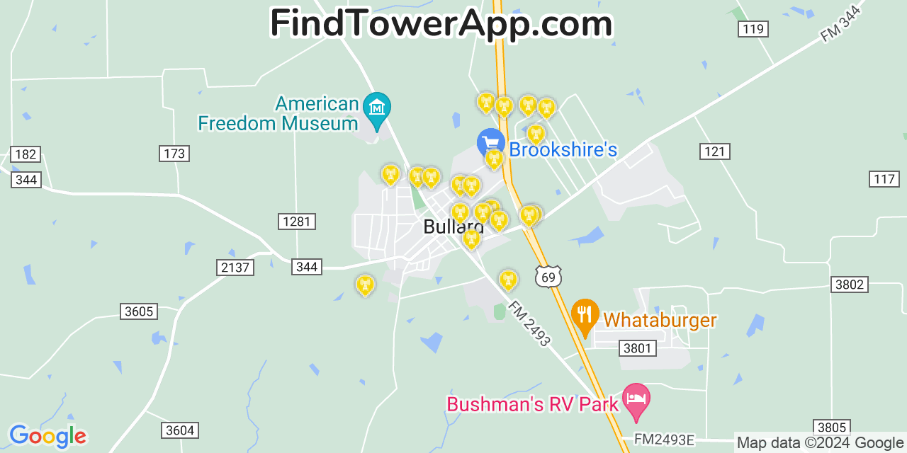 AT&T 4G/5G cell tower coverage map Bullard, Texas