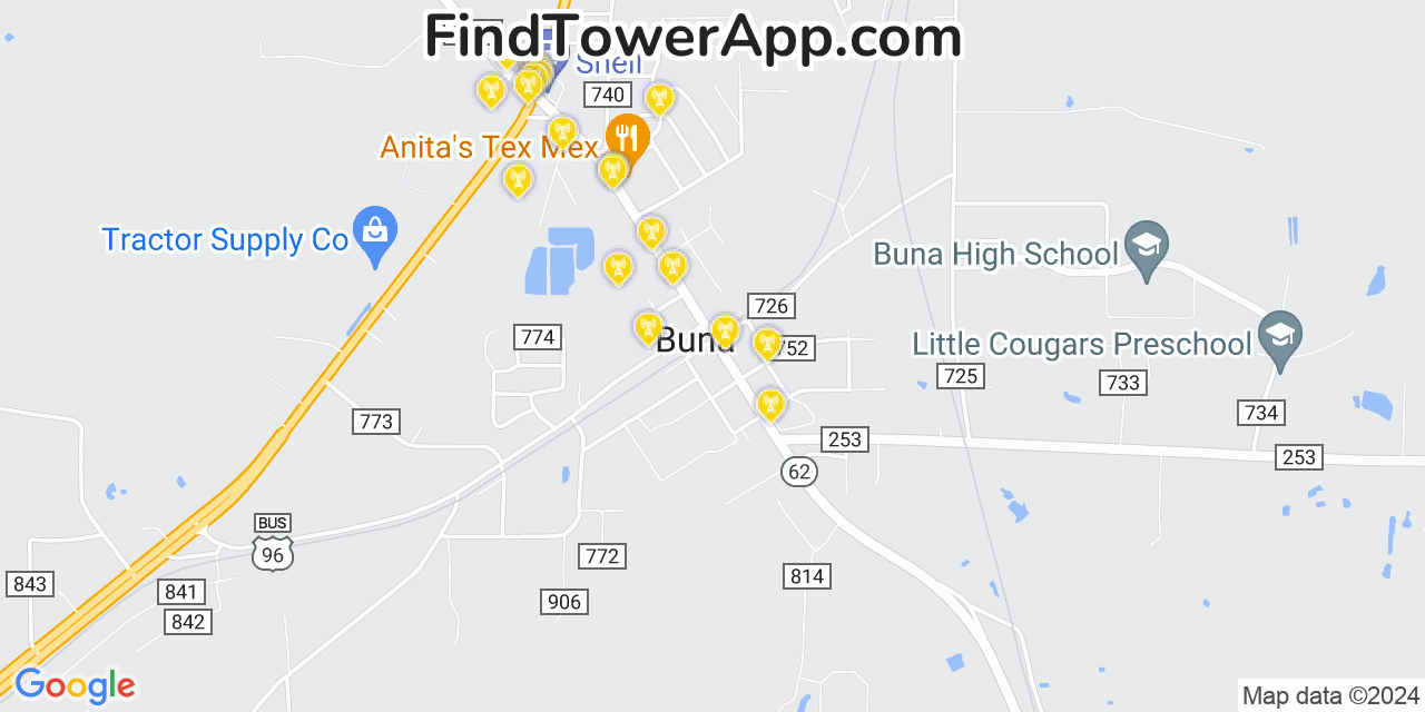 AT&T 4G/5G cell tower coverage map Buna, Texas