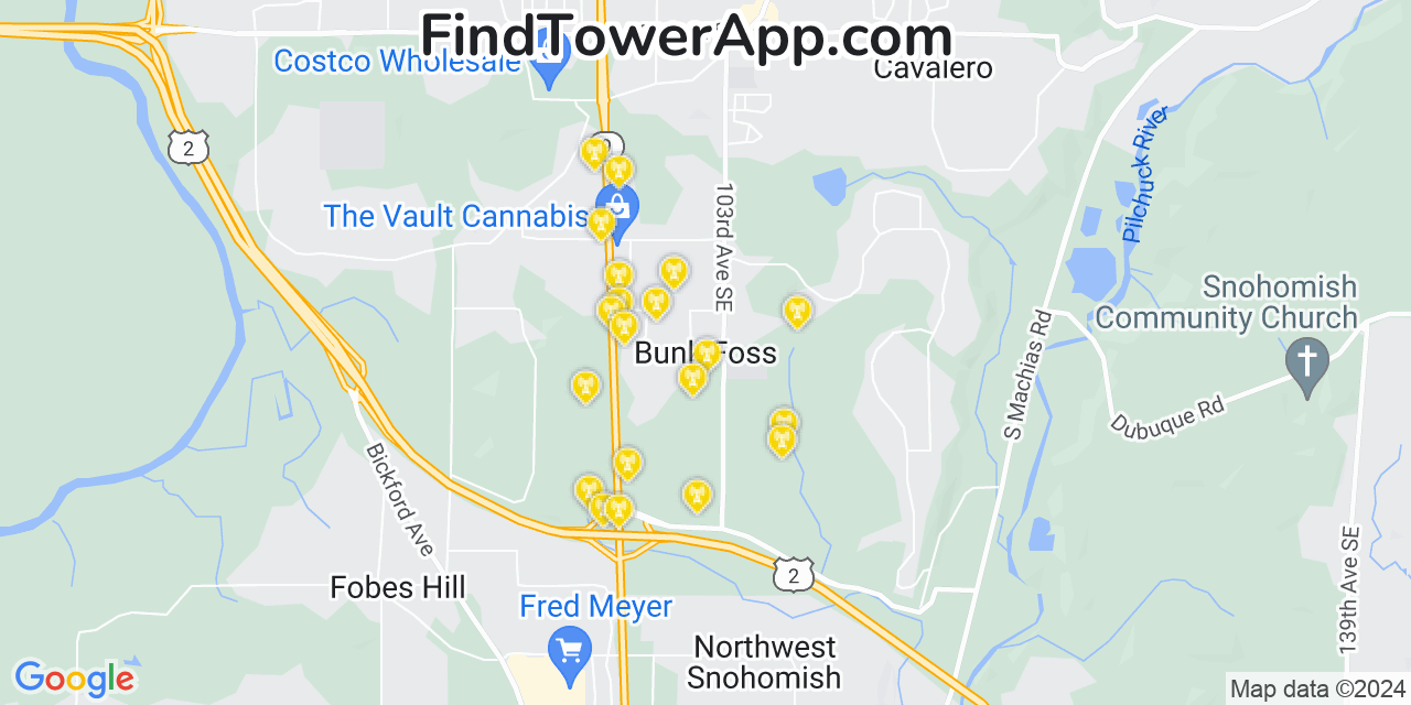 AT&T 4G/5G cell tower coverage map Bunk Foss, Washington