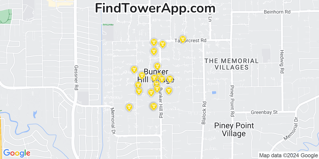 AT&T 4G/5G cell tower coverage map Bunker Hill Village, Texas