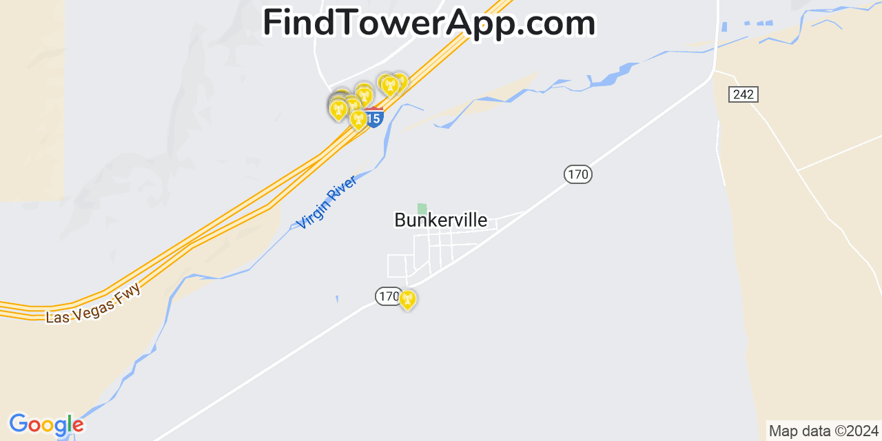 AT&T 4G/5G cell tower coverage map Bunkerville, Nevada
