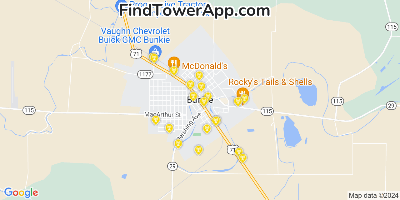 AT&T 4G/5G cell tower coverage map Bunkie, Louisiana