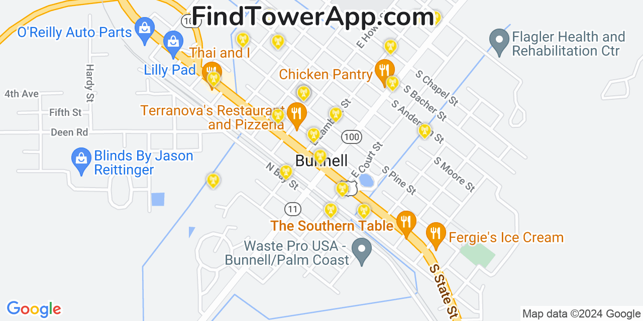 AT&T 4G/5G cell tower coverage map Bunnell, Florida