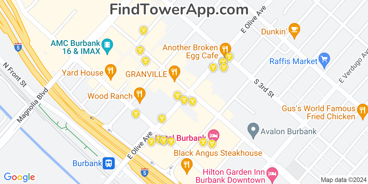 AT&T 4G/5G cell tower coverage map Burbank, California