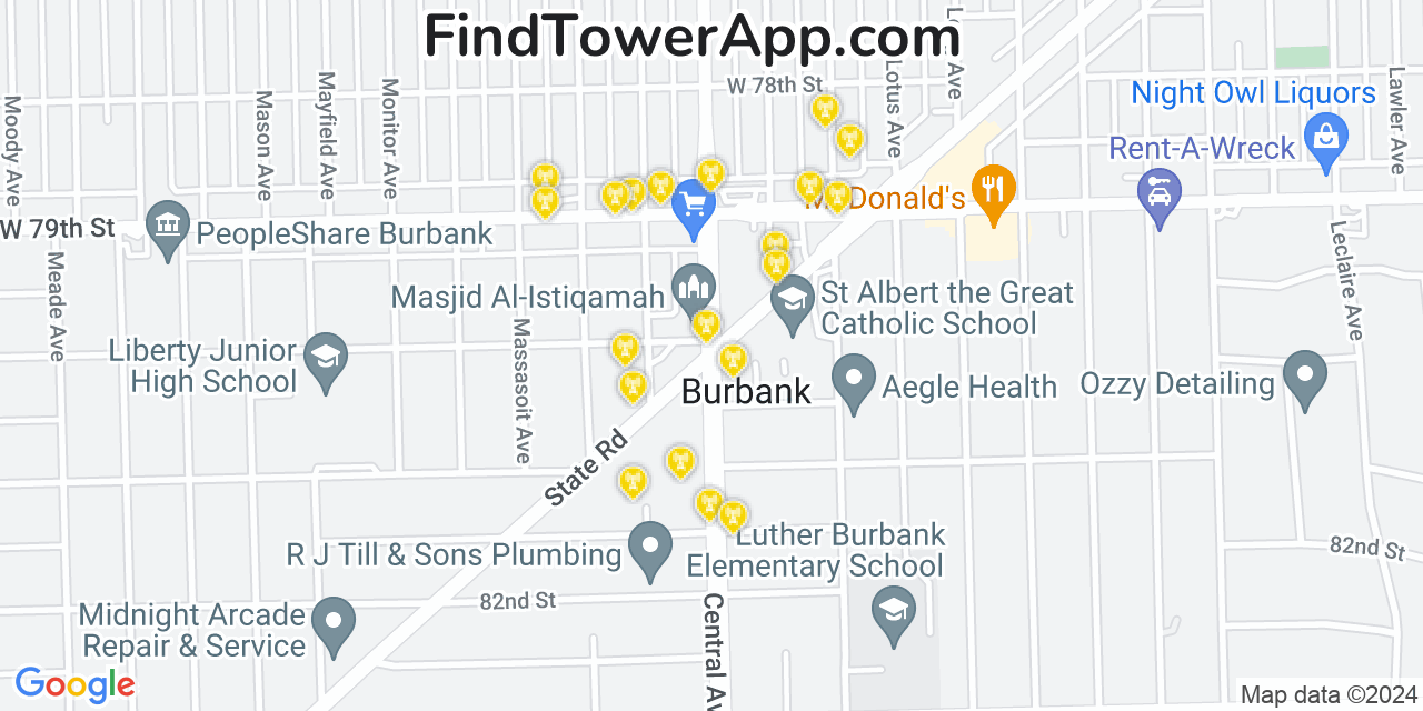 AT&T 4G/5G cell tower coverage map Burbank, Illinois