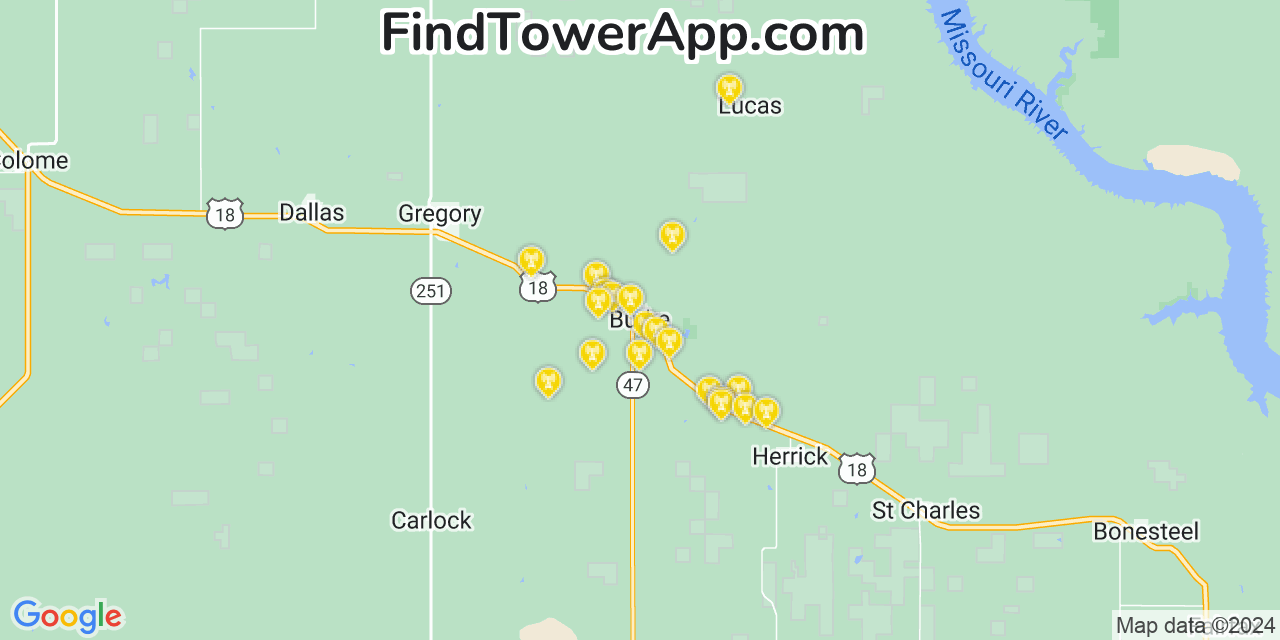 AT&T 4G/5G cell tower coverage map Burke, South Dakota