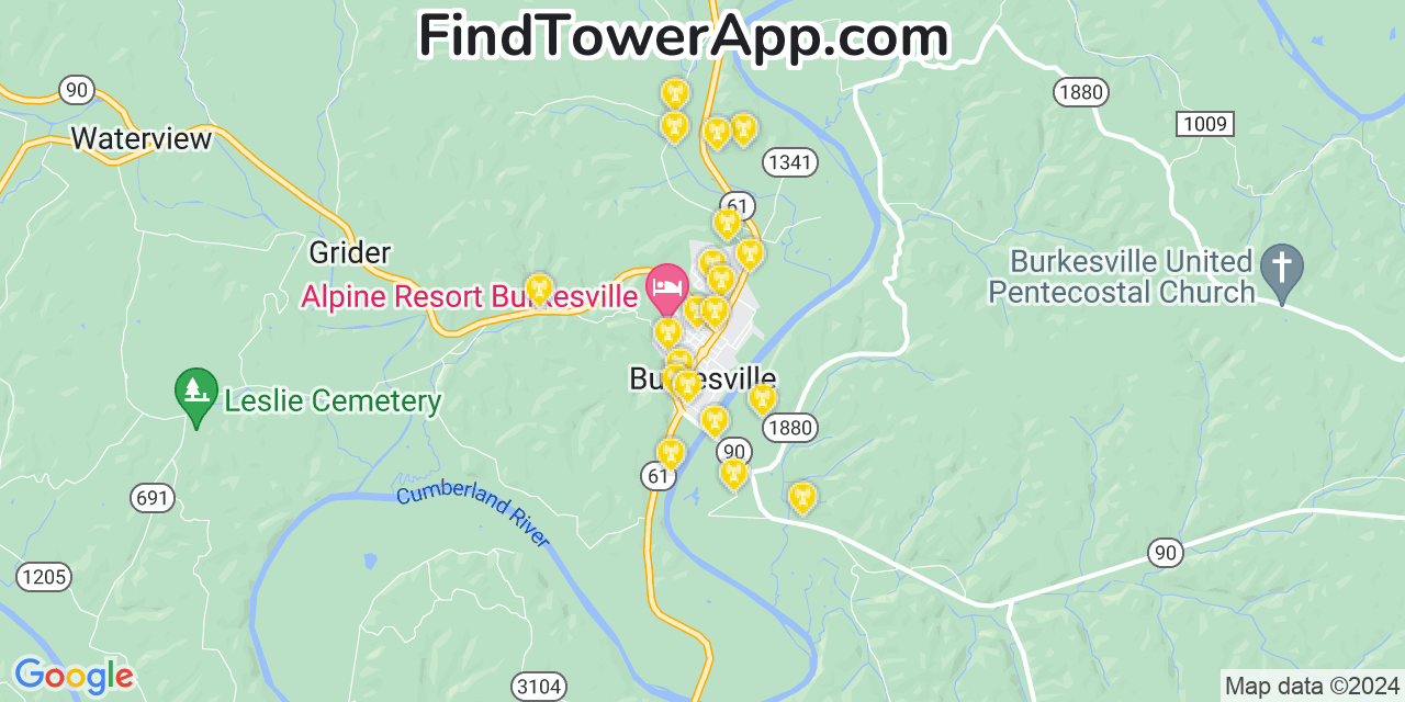 AT&T 4G/5G cell tower coverage map Burkesville, Kentucky