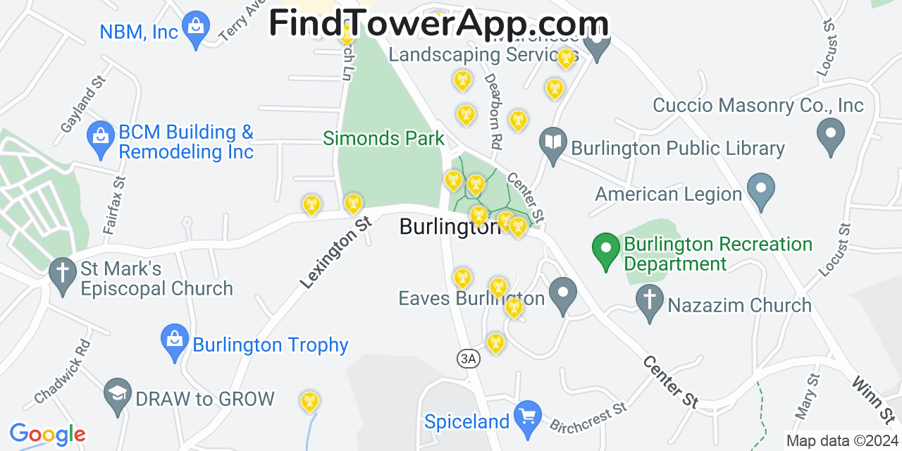 Verizon 4G/5G cell tower coverage map Burlington, Massachusetts