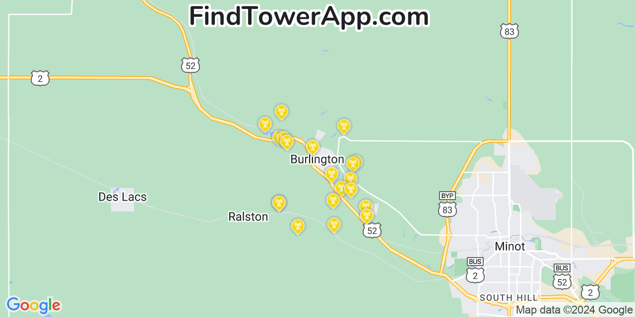 AT&T 4G/5G cell tower coverage map Burlington, North Dakota