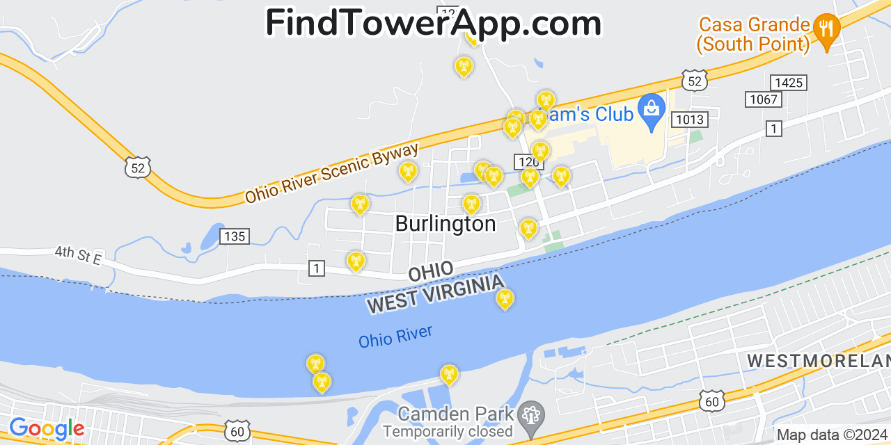 Verizon 4G/5G cell tower coverage map Burlington, Ohio