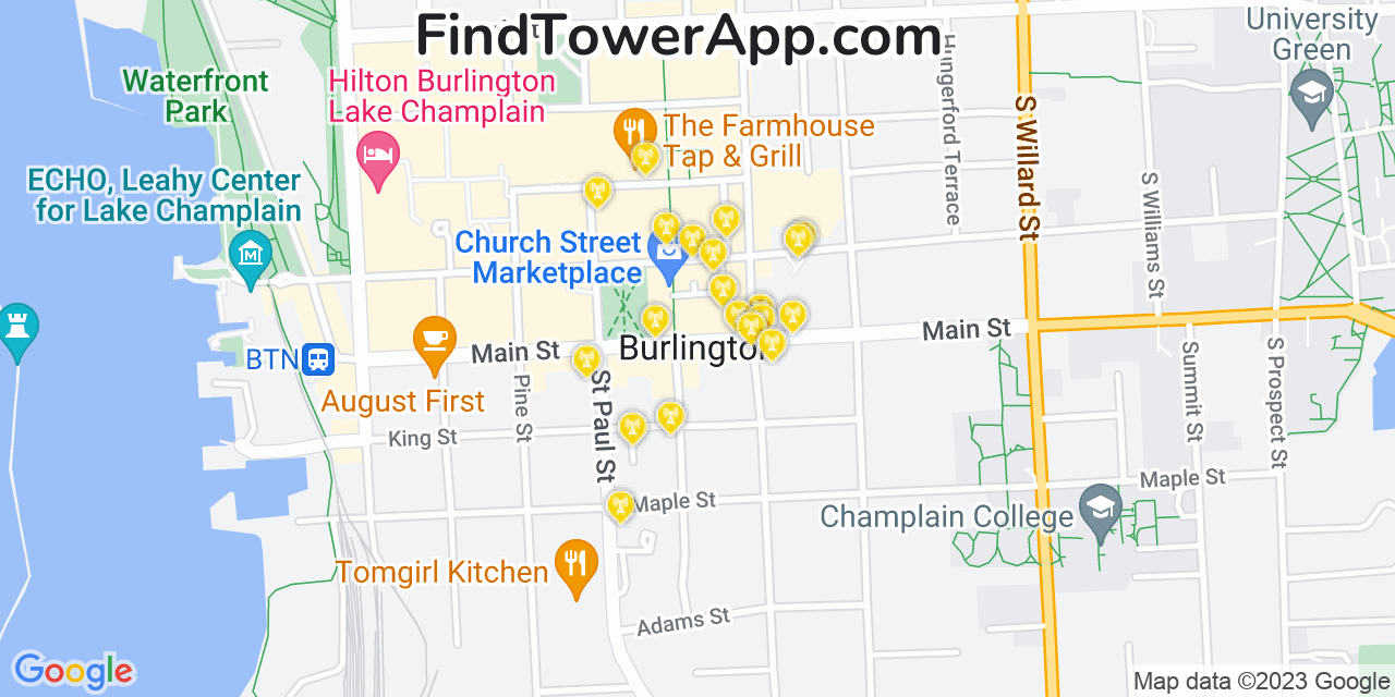 AT&T 4G/5G cell tower coverage map Burlington, Vermont