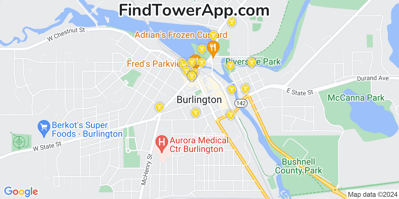 Verizon 4G/5G cell tower coverage map Burlington, Wisconsin