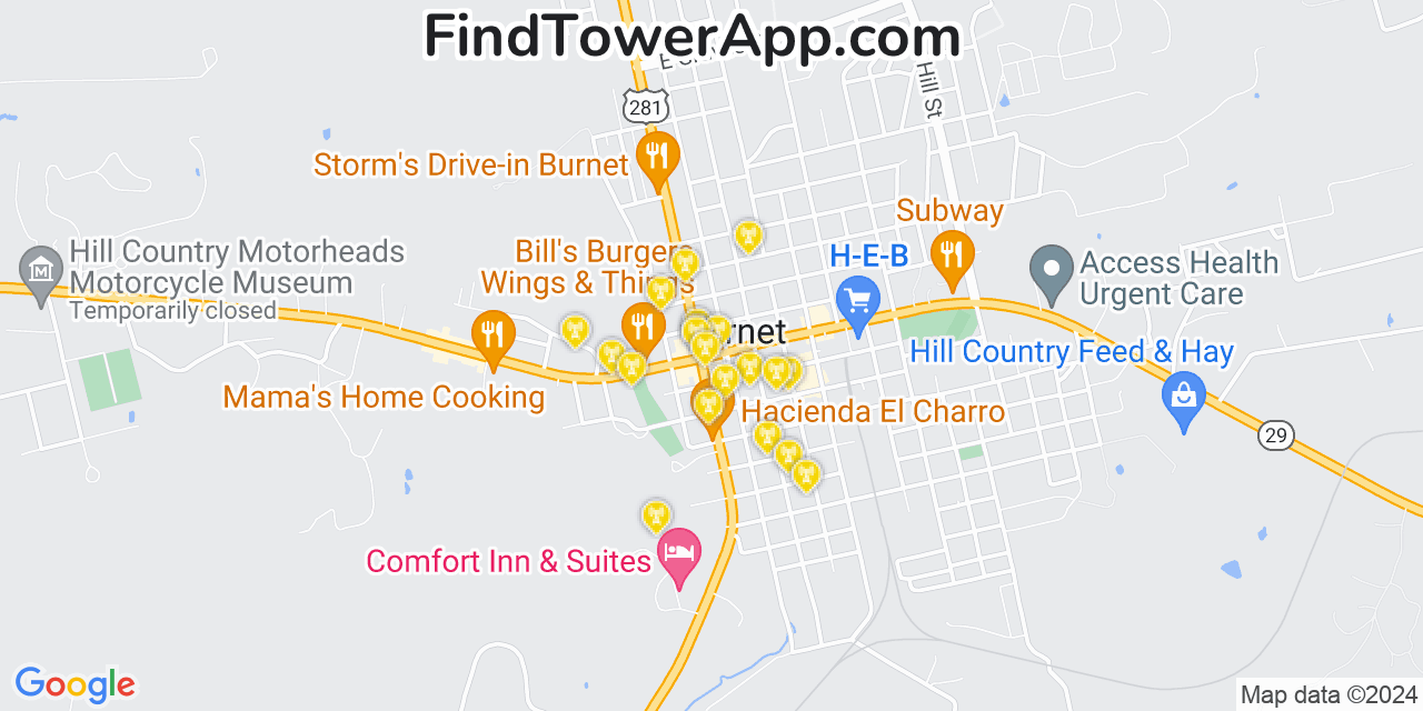AT&T 4G/5G cell tower coverage map Burnet, Texas
