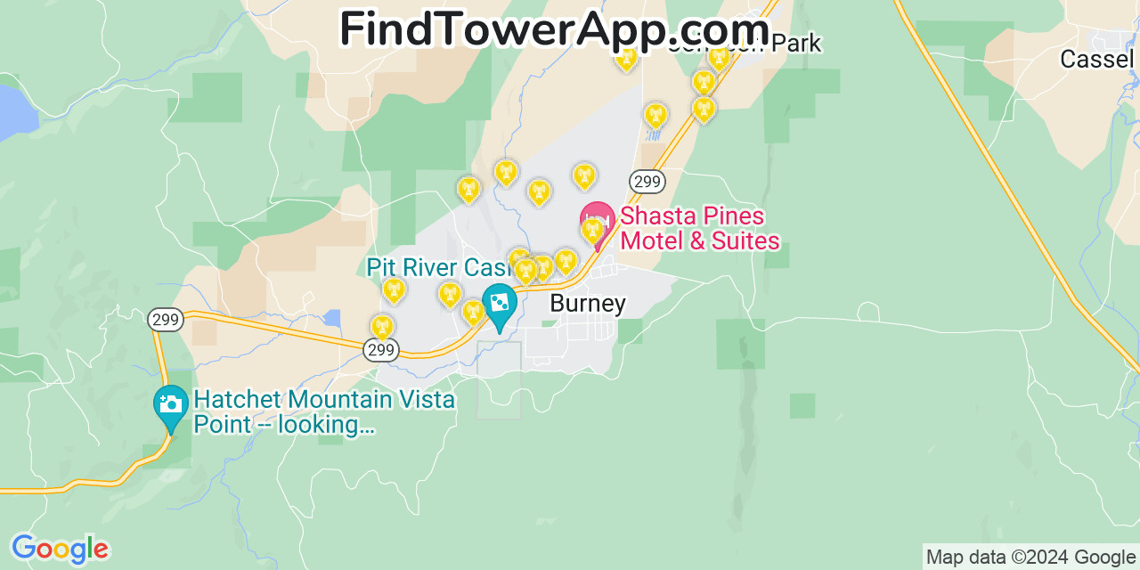 AT&T 4G/5G cell tower coverage map Burney, California