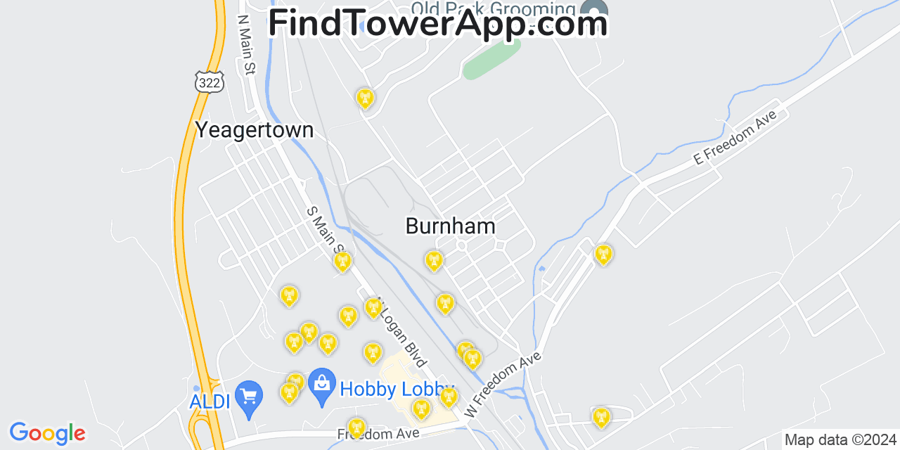 AT&T 4G/5G cell tower coverage map Burnham, Pennsylvania