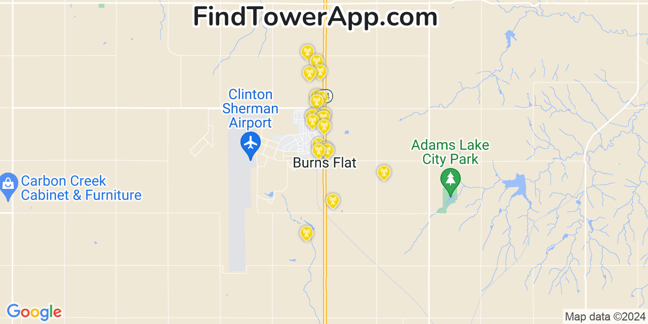 AT&T 4G/5G cell tower coverage map Burns Flat, Oklahoma