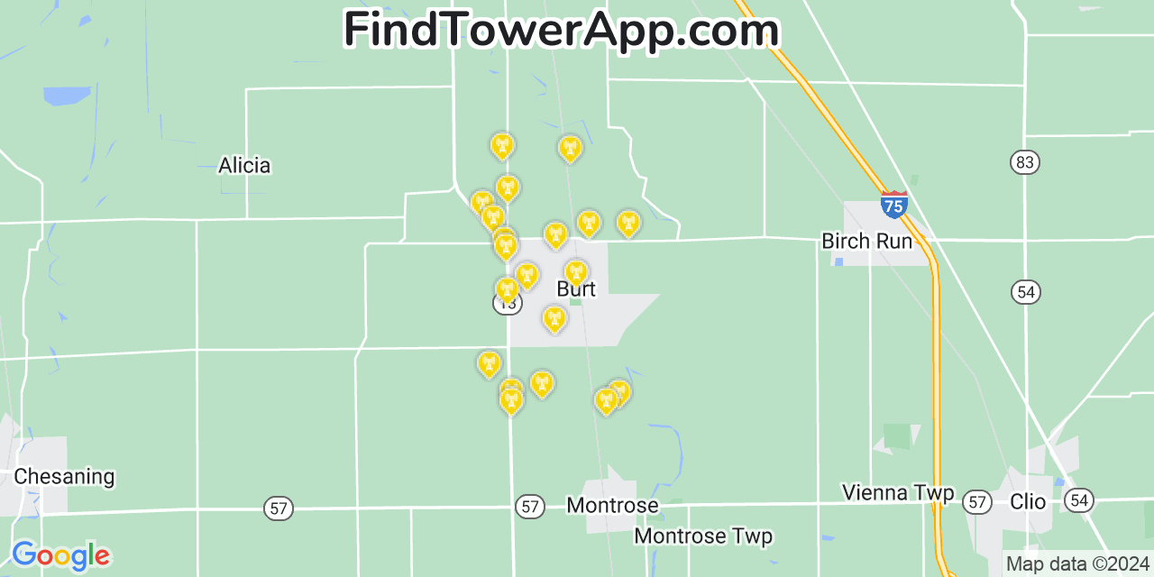 AT&T 4G/5G cell tower coverage map Burt, Michigan