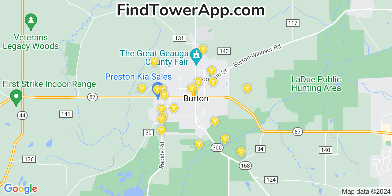 Verizon 4G/5G cell tower coverage map Burton, Ohio