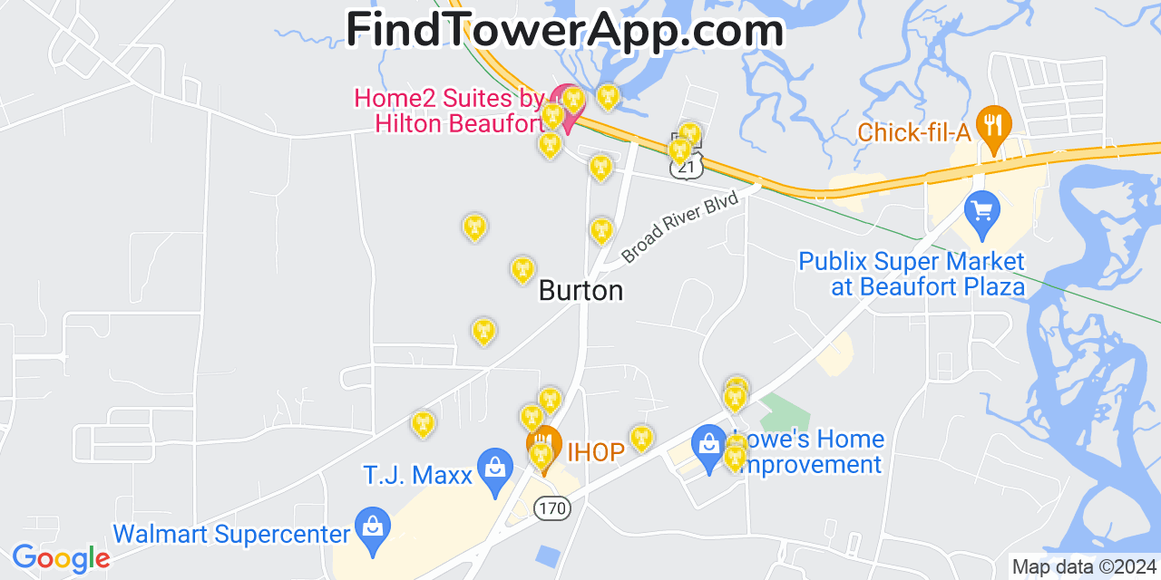 AT&T 4G/5G cell tower coverage map Burton, South Carolina