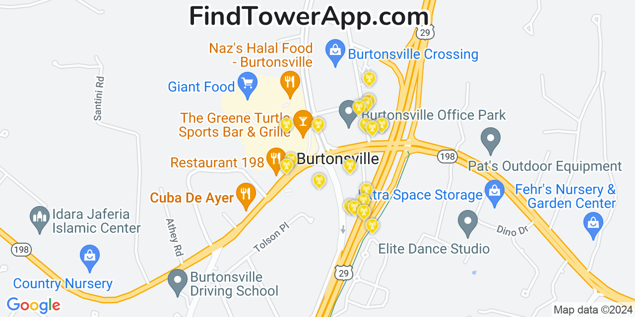 AT&T 4G/5G cell tower coverage map Burtonsville, Maryland
