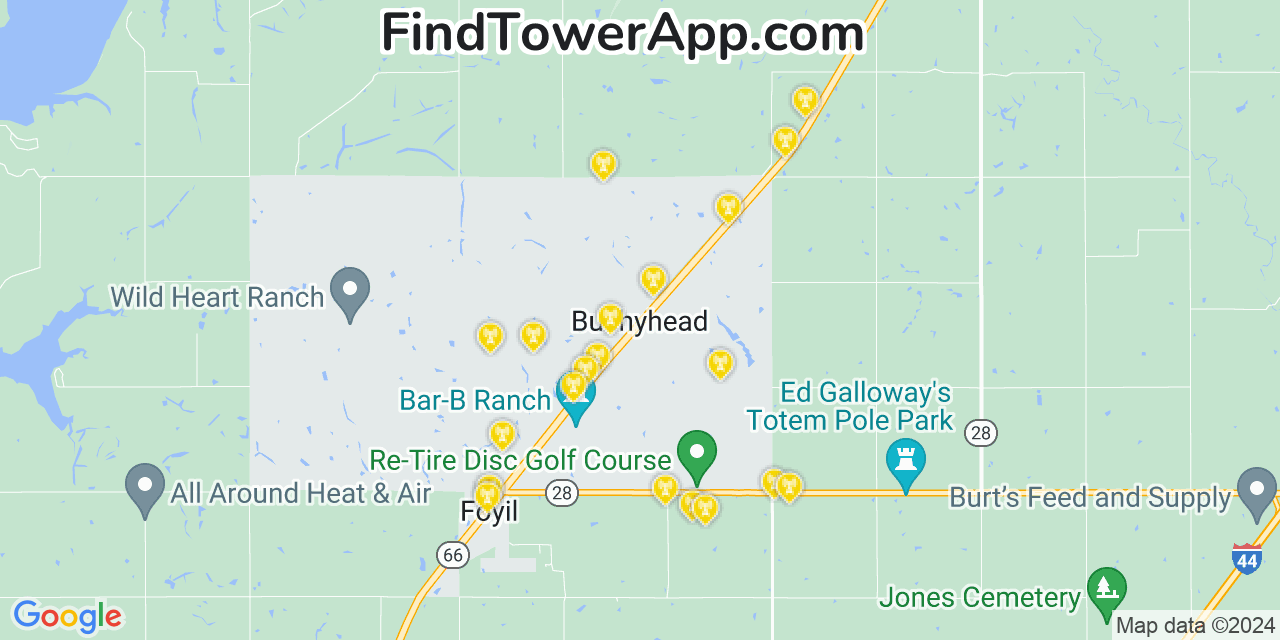 AT&T 4G/5G cell tower coverage map Bushyhead, Oklahoma