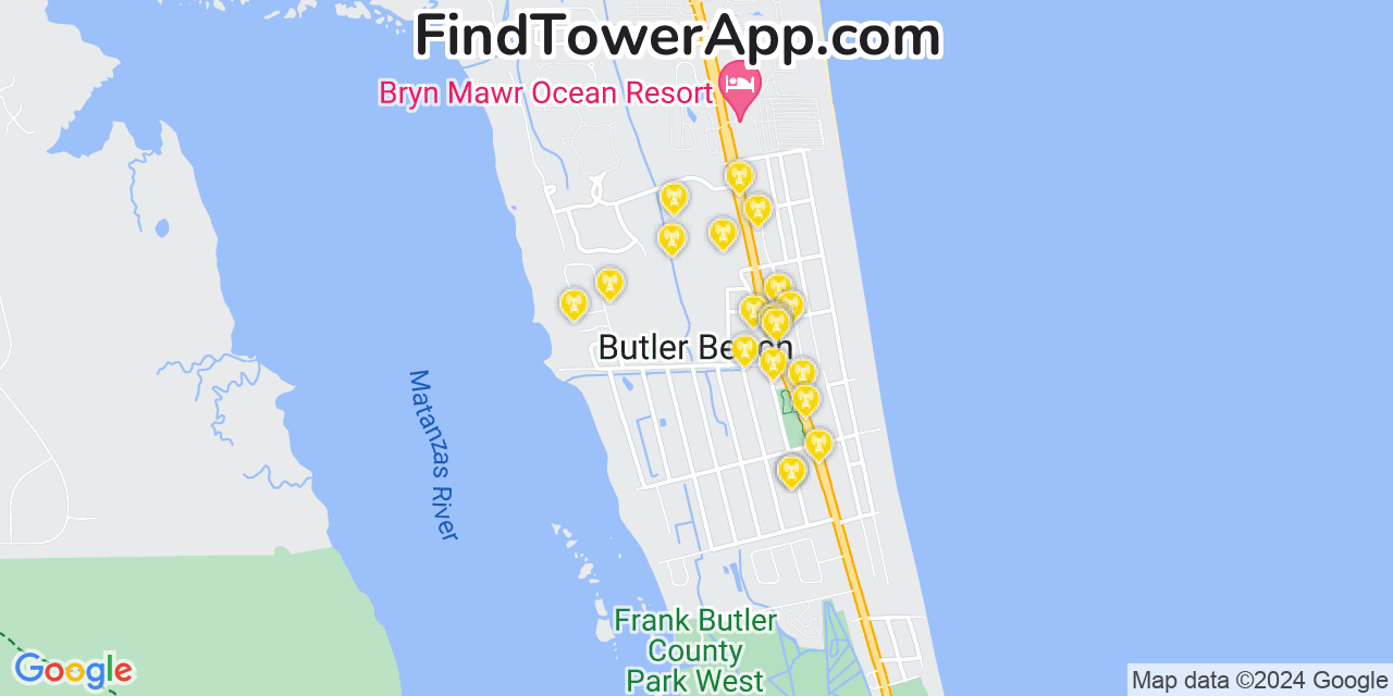 AT&T 4G/5G cell tower coverage map Butler Beach, Florida