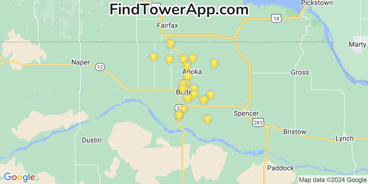 AT&T 4G/5G cell tower coverage map Butte, Nebraska