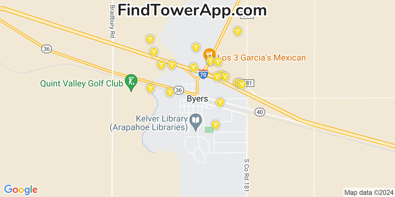 AT&T 4G/5G cell tower coverage map Byers, Colorado