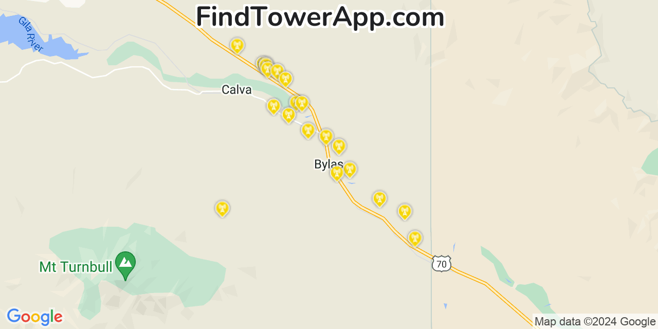 AT&T 4G/5G cell tower coverage map Bylas, Arizona