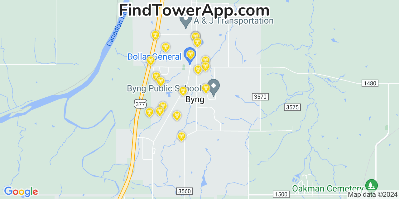 AT&T 4G/5G cell tower coverage map Byng, Oklahoma