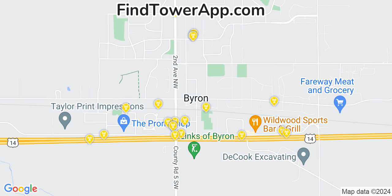 AT&T 4G/5G cell tower coverage map Byron, Minnesota