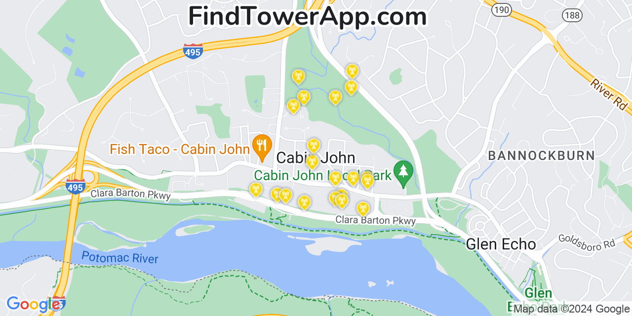 AT&T 4G/5G cell tower coverage map Cabin John, Maryland