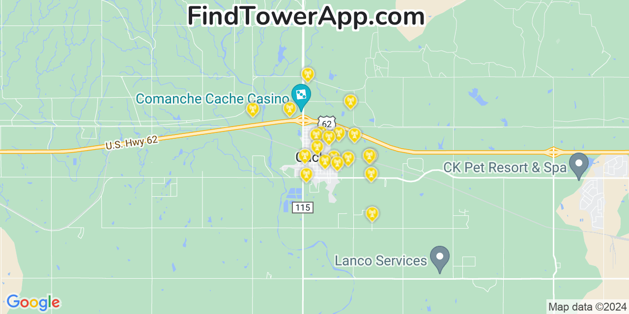 AT&T 4G/5G cell tower coverage map Cache, Oklahoma