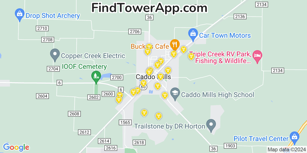 AT&T 4G/5G cell tower coverage map Caddo Mills, Texas