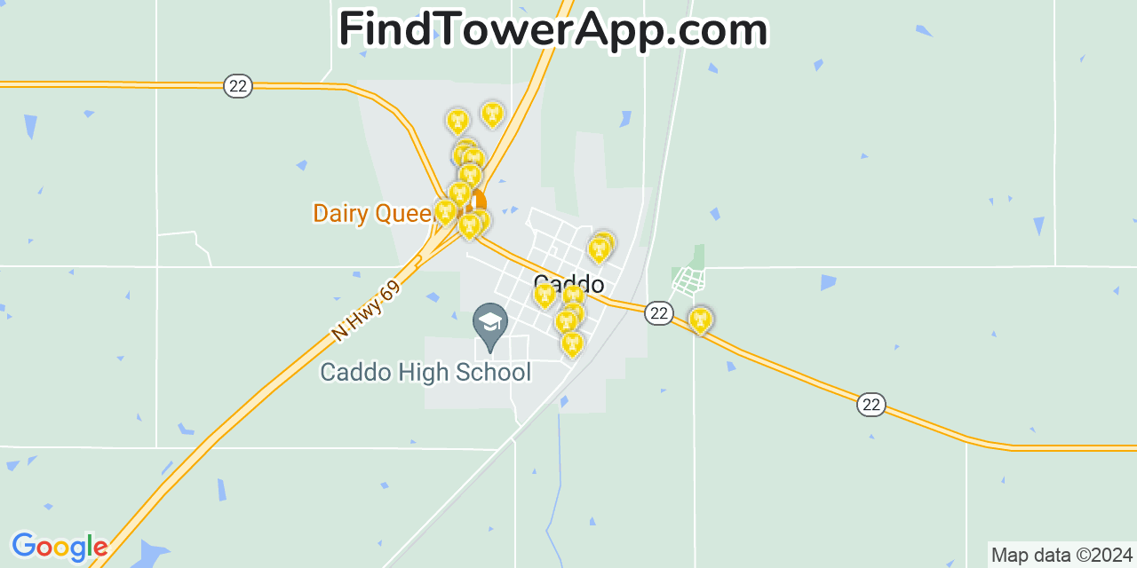 AT&T 4G/5G cell tower coverage map Caddo, Oklahoma